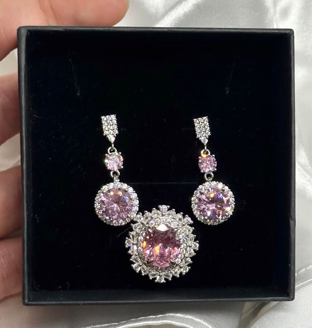 Pink Crystal Jewelry Set – Adjustable Ring & Drop Earrings